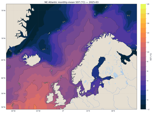 Plotting Sea‑Surface Temperatures Over the North-Atlantic using Cloud Optimised ERA5 Dataset